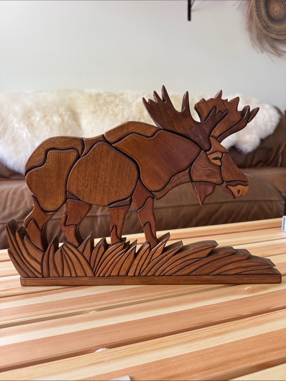 Handcrafted Wooden Moose Puzzle Sculpture - Rich Brown